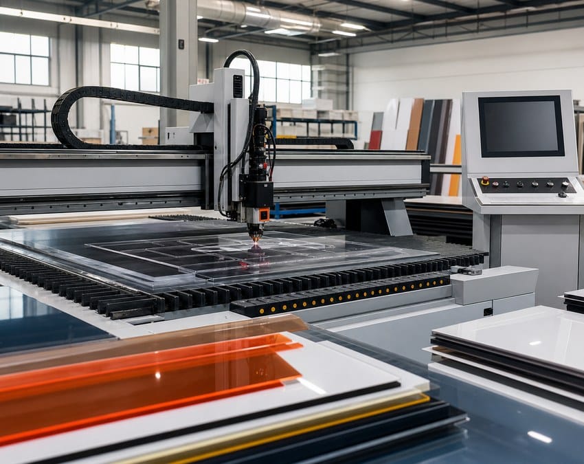 Acrylic processing CNC machine cutting transparent sheet in modern factory